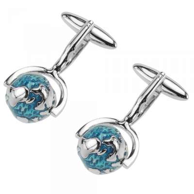 Unique Transparent Blue Enamel Globe Science Cufflinks