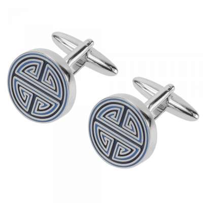 Personalized Vintage Blue Greek Pattern Enamel Round Cufflinks