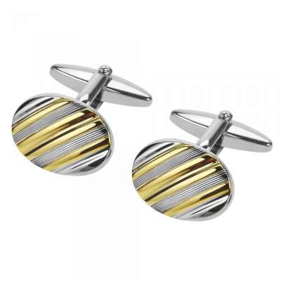 Mens Handmade Silver and Gold Etched Lines Oval Cufflinks